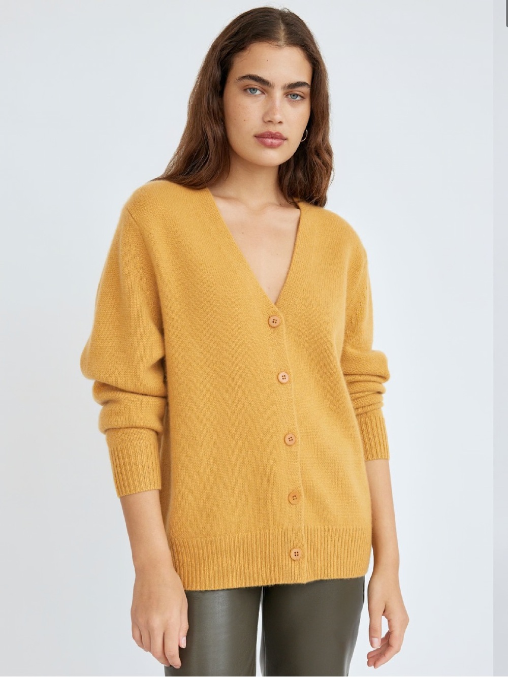 Aritzia Wilfred Parco Cashmere Cardigan V-neck Sweater Color is Goldie Sz Small